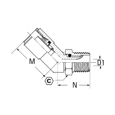 Adapt. 45° laiton - 18XX - tube x M.NPT tournant